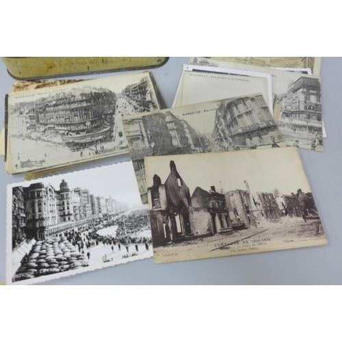 621 - Approximately 30 postcards including WWI military related and a collection of coins