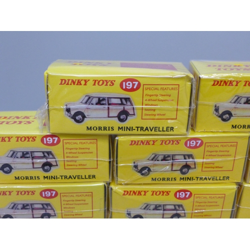 637 - Eight Atlas Editions Morris Mini-Travellers Dinky Toys No. 197, boxed and sealed