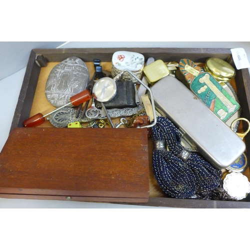 664 - A collection of boxes, hand mirror, travel clock, drawing set, etc.