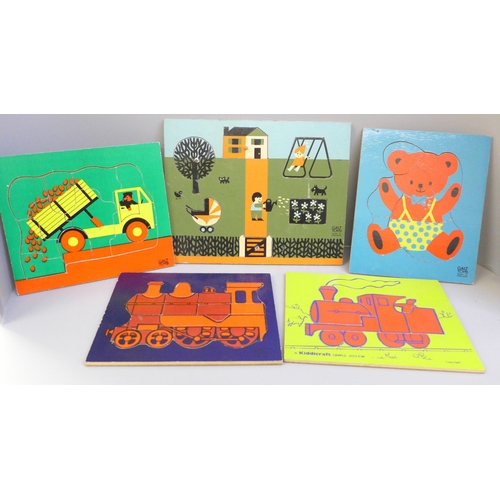 681 - Five vintage wooden jigsaw puzzles, three by Galt Toys