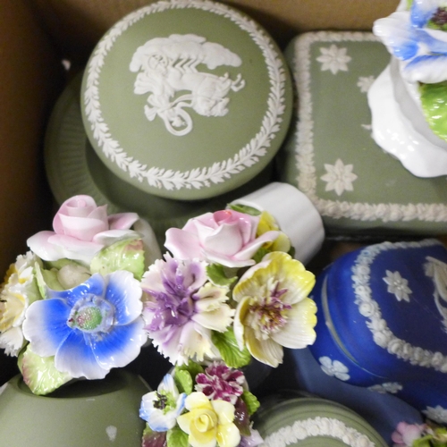 698 - Wedgwood Jasperware porcelain boxes, vase, pin trays, etc. and Coalport, Royal Doulton and other pos... 