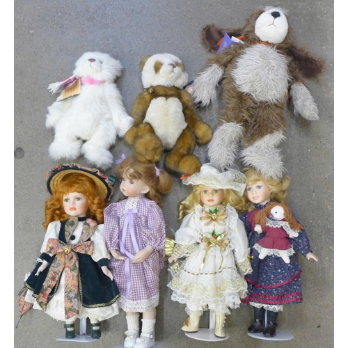 708 - Two Charlie Bears, Anniversary Carol and Anniversary Ross and other dolls and soft toys