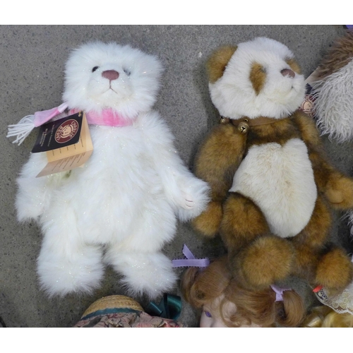 708 - Two Charlie Bears, Anniversary Carol and Anniversary Ross and other dolls and soft toys