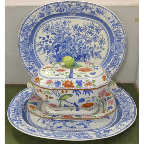 757 - Two blue and white ceramic serving plates and an ironstone china soup tureen with lid and stand, a/f... 