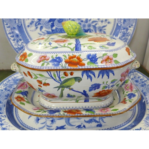 757 - Two blue and white ceramic serving plates and an ironstone china soup tureen with lid and stand, a/f... 