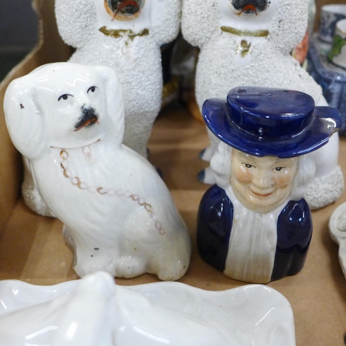 758 - A Royal Doulton Happy John toby jug, Staffordshire spaniel, a pair of Staffordshire poodles, ceramic... 