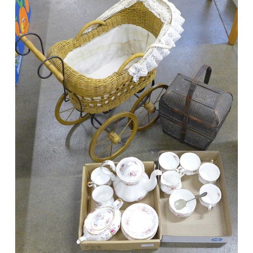 761 - A Paragon Rose Bouquet tea set, (6 settings), a Chinese Wedding basket, and a wicker dolls pram