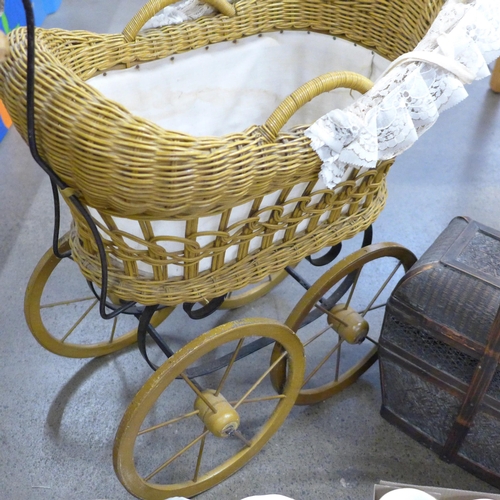 761 - A Paragon Rose Bouquet tea set, (6 settings), a Chinese Wedding basket, and a wicker dolls pram