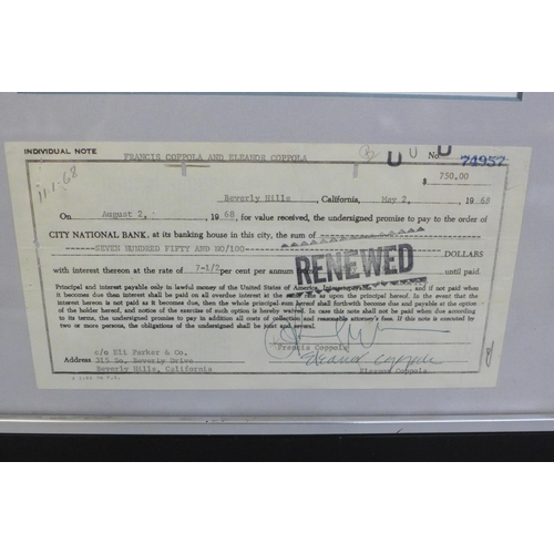 771 - Francis and Eleanor Coppola, (The Godfather) autographed cheque display, with COA