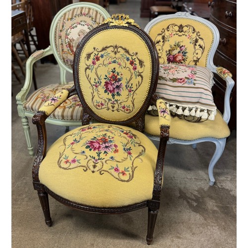 298 - Three assorted French Louis XV style fauteuil chairs