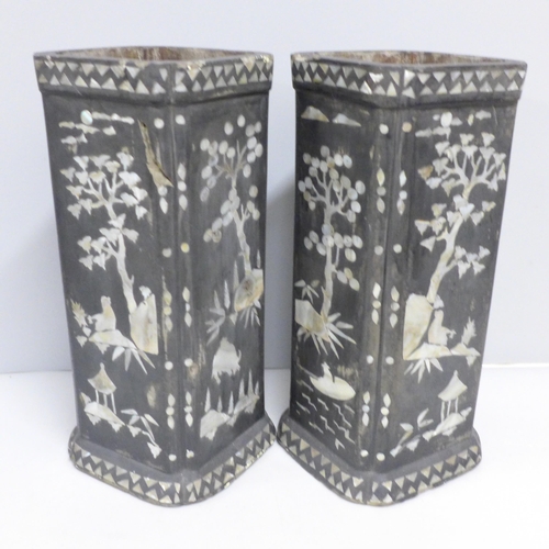 795 - A pair of Oriental square vases inlaid with mother of pearl, chipped, 27.5cm