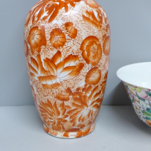 797 - An Oriental porcelain vase, 31cm and bowl