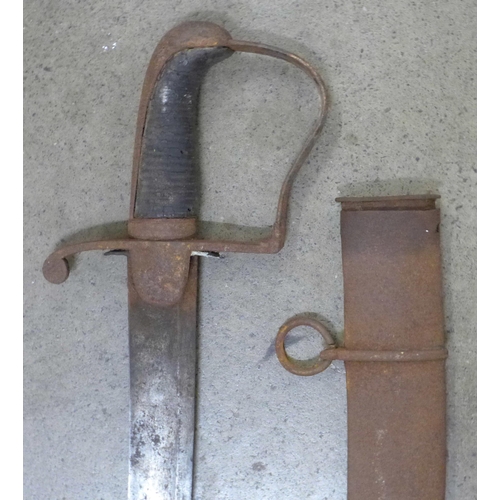 803 - A cavalry sword and scabbard, South Africa campaign, rusted