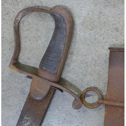 803 - A cavalry sword and scabbard, South Africa campaign, rusted