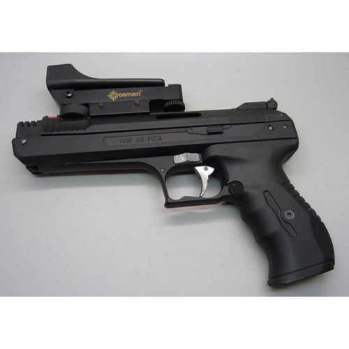 825 - A HW40 air pistol .22, single shot pneumatic with Crosman red dot sight system, automatic safety