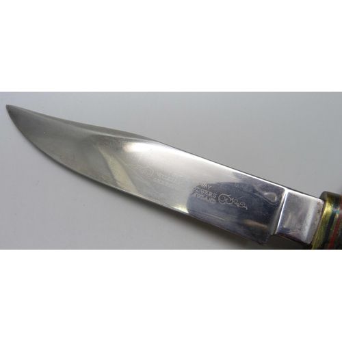 826 - An 'I Cut My Way' William Rodgers hunting knife, Sheffield, England, with stag horn handle and with ... 