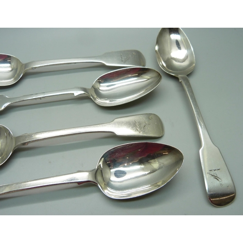 851 - Six silver rattail spoons, five Dublin 1830 and one Exeter 1853, crested, 250g