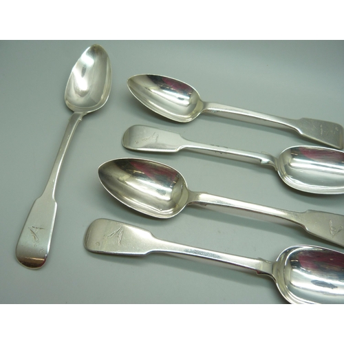 851 - Six silver rattail spoons, five Dublin 1830 and one Exeter 1853, crested, 250g