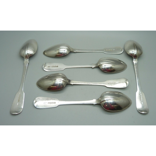 851 - Six silver rattail spoons, five Dublin 1830 and one Exeter 1853, crested, 250g