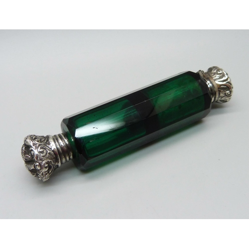 853 - A double green glass scent bottle, hinged top a/f