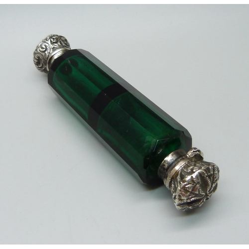 853 - A double green glass scent bottle, hinged top a/f