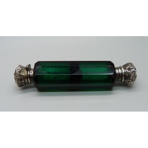 853 - A double green glass scent bottle, hinged top a/f