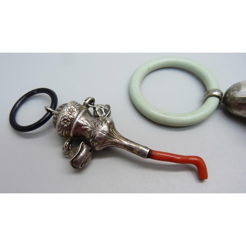 855 - A Victorian silver rattle, Birmingham 1865 and one other rattle marked Alpacca