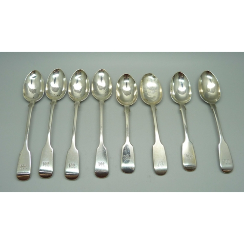 856 - Seven Victorian silver spoons including Exeter 1853 and one Georgian silver spoon, 173g