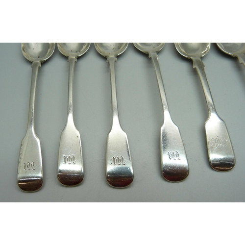 856 - Seven Victorian silver spoons including Exeter 1853 and one Georgian silver spoon, 173g