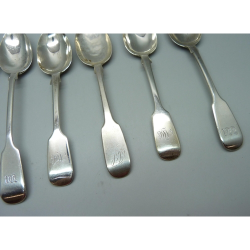 856 - Seven Victorian silver spoons including Exeter 1853 and one Georgian silver spoon, 173g