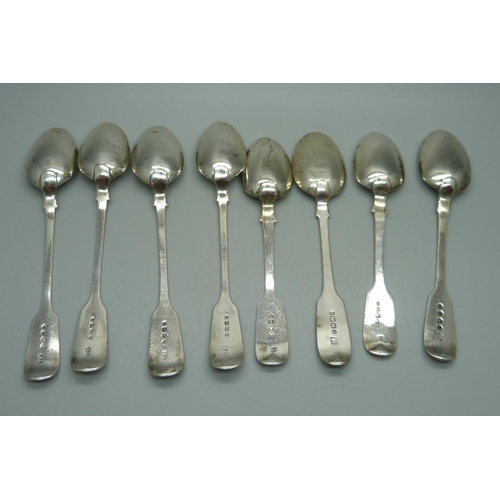 856 - Seven Victorian silver spoons including Exeter 1853 and one Georgian silver spoon, 173g