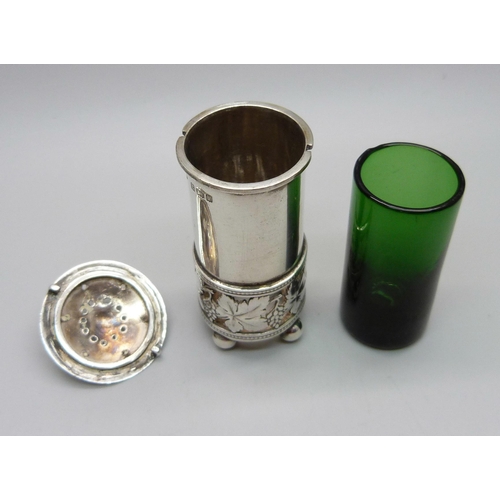 857 - An A.E. Jones silver pepper with green glass liner, Birmingham 1908, 43g