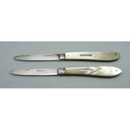 864 - Two Victorian silver and mother of pearl fruit knives