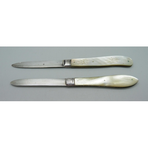 864 - Two Victorian silver and mother of pearl fruit knives