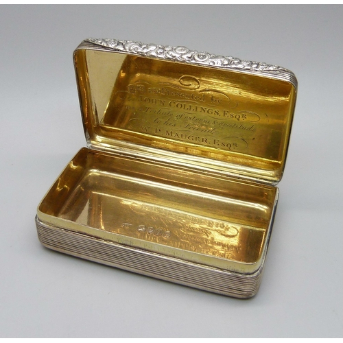 867 - A William IV silver snuff/tobacco box with gilt interior, London 1830, Thomas Edwards, 83g, 72mm wid... 