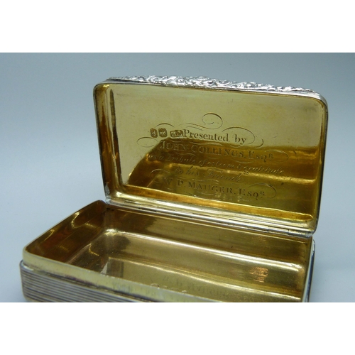 867 - A William IV silver snuff/tobacco box with gilt interior, London 1830, Thomas Edwards, 83g, 72mm wid... 