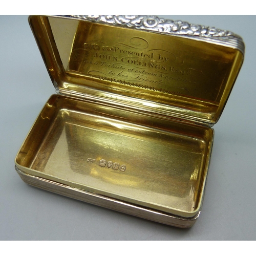 867 - A William IV silver snuff/tobacco box with gilt interior, London 1830, Thomas Edwards, 83g, 72mm wid... 