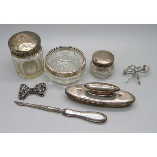 872 - Silver items, nail buff, two silver topped jars, marcasite brooch, etc.