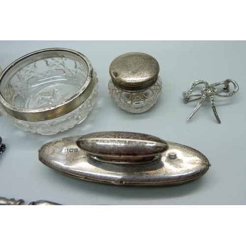 872 - Silver items, nail buff, two silver topped jars, marcasite brooch, etc.