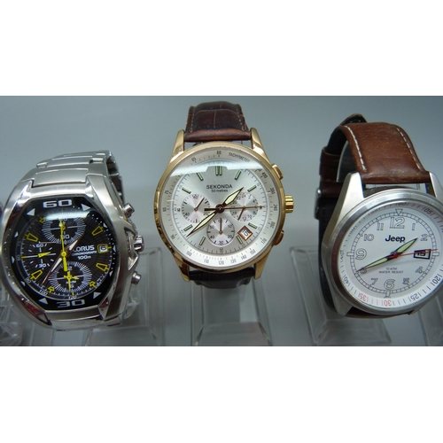 883 - Seven gentleman's wristwatches including Lorus, Timex, Accurist, Sekonda, etc.