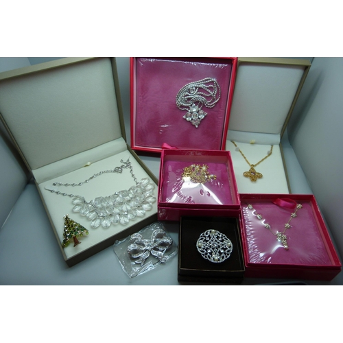 884 - Butler and Wilson statement jewellery, (3), other brooches, pendant and chain, etc.