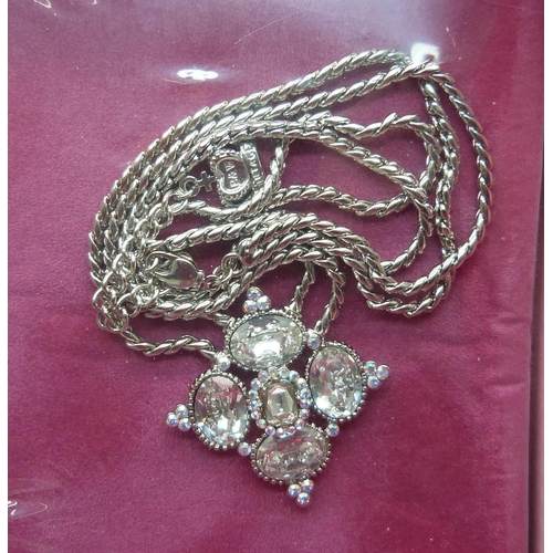 884 - Butler and Wilson statement jewellery, (3), other brooches, pendant and chain, etc.