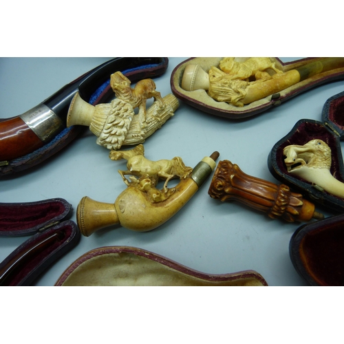 904 - A collection of six cased pipes, including one bowl with carved duck with frog, two pipe bowl and on... 