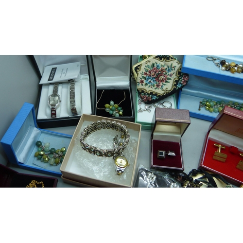 925 - A collection of costume jewellery including a pair of silver cufflinks, other silver jewellery, lady... 