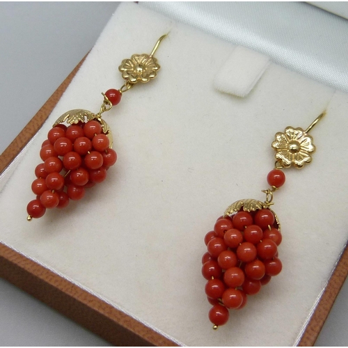 960 - A pair of 18ct gold and coral and earrings, 37mm