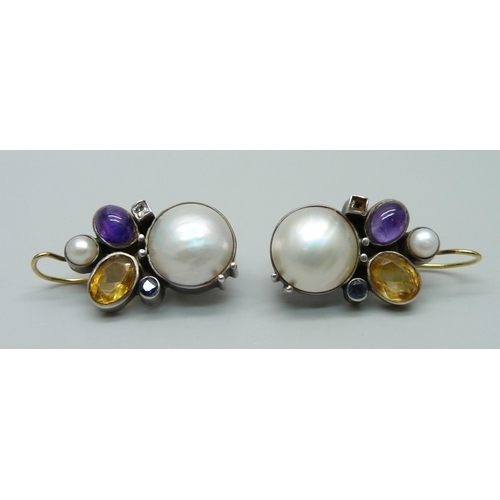 969 - A pair of silver and gemstone earrings including Mabe pearls, signed Gatto Bianco, lacking one stone