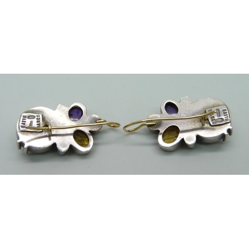 969 - A pair of silver and gemstone earrings including Mabe pearls, signed Gatto Bianco, lacking one stone