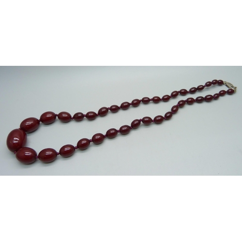 972 - A sherry amber graduated bead necklace with .925 silver clasp, 39g