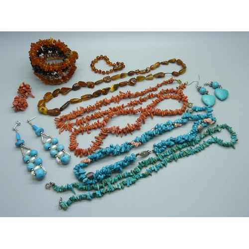 983 - A collection of coral, turquoise and amber jewellery