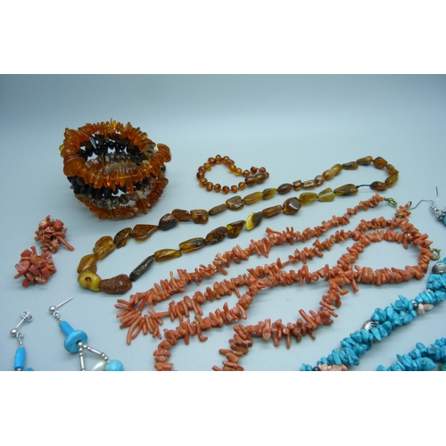 983 - A collection of coral, turquoise and amber jewellery